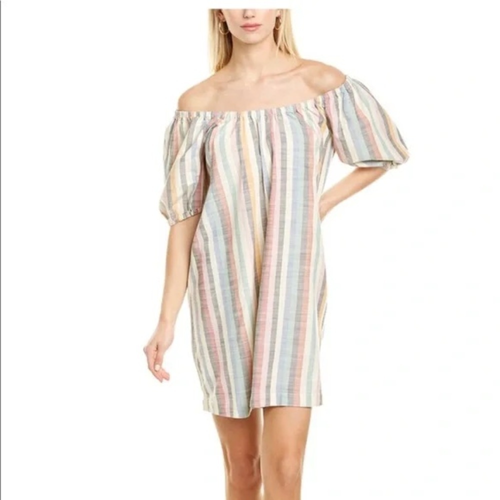 Madewell Puff-Sleeve Trapeze Mini Dress in Rainbow Stripe.